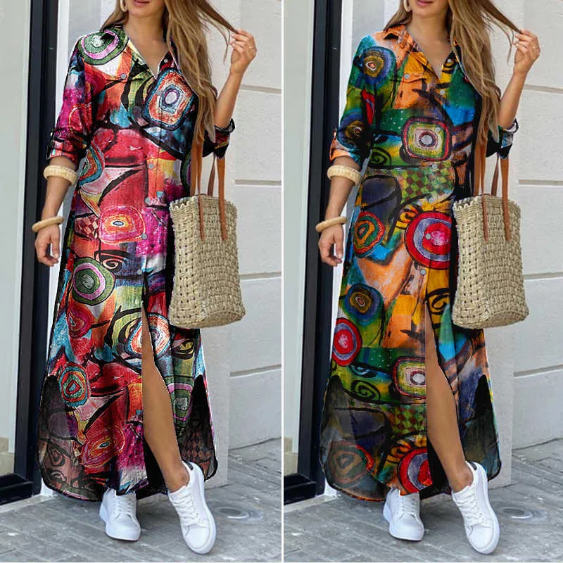 Długi rękaw Sukienka Sprawdzona Plaid Szata Maxi Beach Sukienka Lato Eleganckie Kobiety Przycisk Długa Koszula Dress Split Drukuj Lapel Party Robe X0629