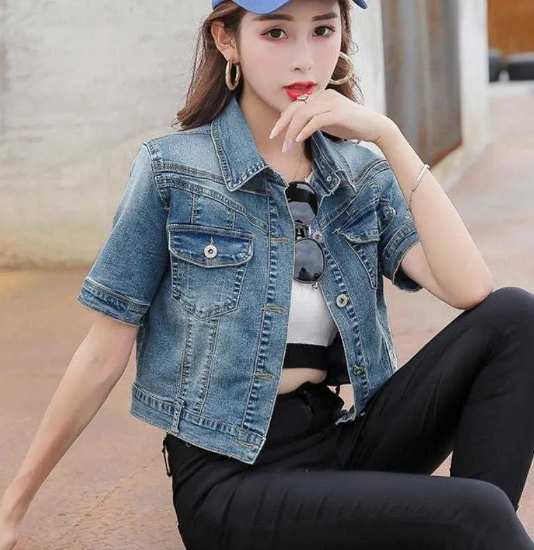 Sommer-Jeans-Cardigan-Jacke mit kurzen Ärmeln für Damen, Umlegekragen, kurzer, schlanker Jeans-Mantel 211014