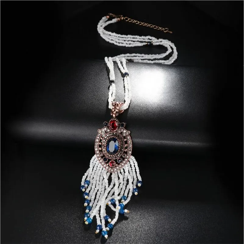 Ethnische türkische Frauen Vintage Strang Perle Quaste lange Anhänger Pullover Kette Halskette Böhmen antike Hochzeit Schmuck