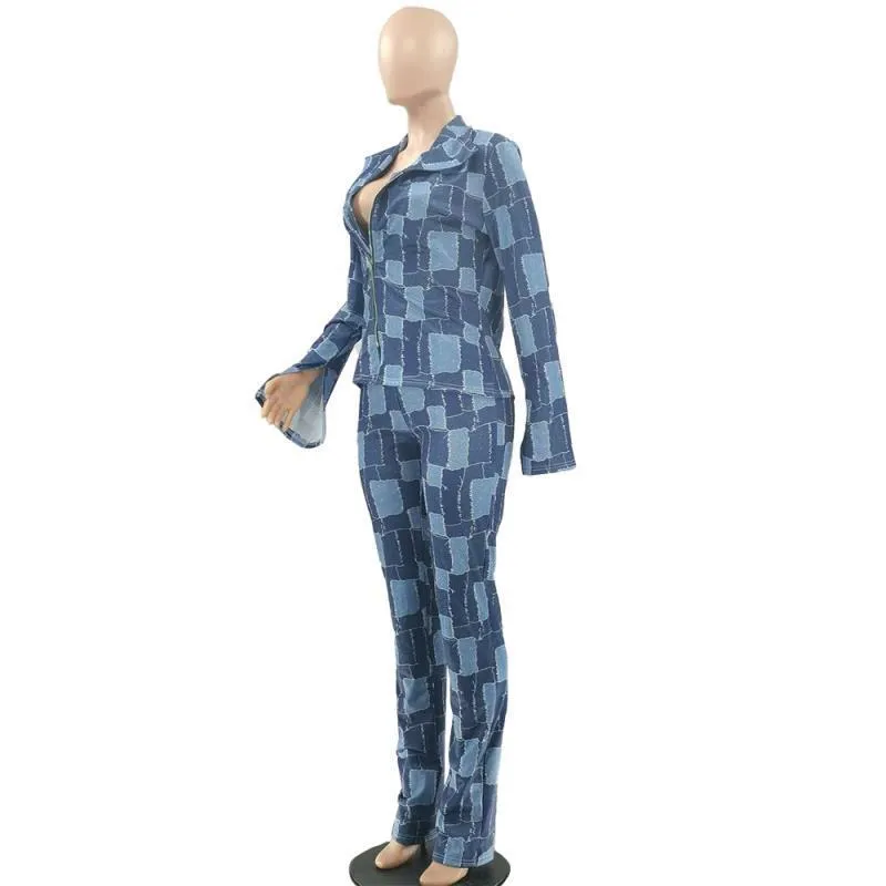Contraste azul patchwork denim 2 peças roupas para mulheres camisas de manga comprida blusas cintura alta empilhados leggings calças trabalho 210525