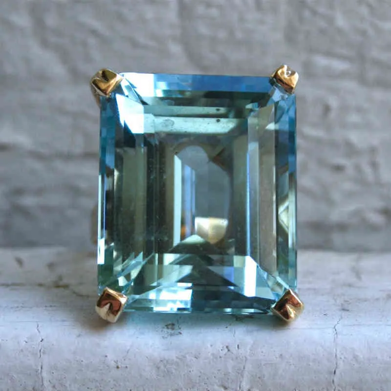 Doğal Deniz Mavi Topaz Taş Safir Yüzük Nişan 14 K Sarı Altın Renk Kadınlar Için Bizuteria Takı Kristal Gemstone ile 211217