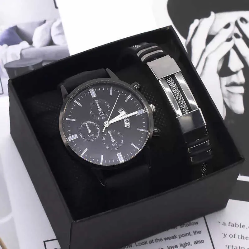 Hommes Montre Bracelet Set Mode Sport Montre-bracelet Alliage Cas Bande de cuir Montre Quartz Business Montre-bracelet Calendrier Horloge Cadeau 210804