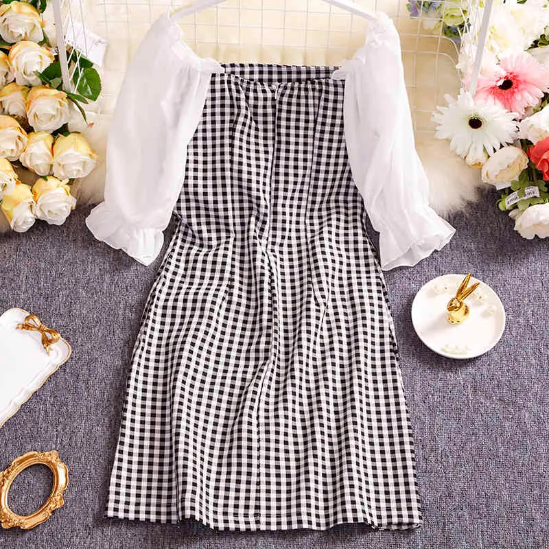 Kimutomo Vintage Colletto Quadrato Plaid Mini Vestito Delle Donne di Stile Francese Primavera Autunno Soffio Manica Corta Split Vestido Feminino 210521