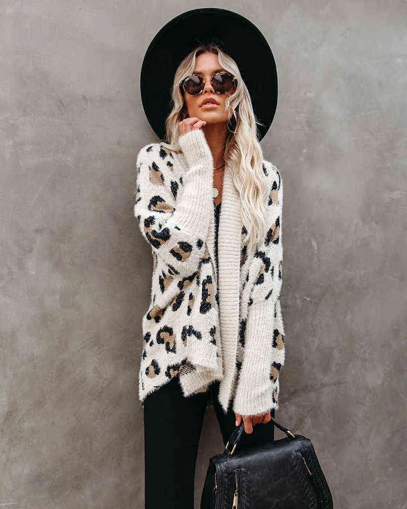 Fitshinling Fuzzy Leopard Long Cardigan Vrouwelijke Boheemse Slanke Batwing Mouw Overgemaakt Sweaters Cardiagns voor Dames Winterjas 211103