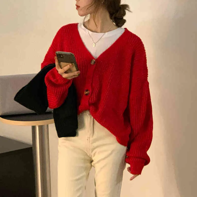Vrouwen Sweet Soft Chic Warm Uitloper Zachte Jassen V-hals Solid All Match Losse Streetwear Cardigans Sweaters 210421