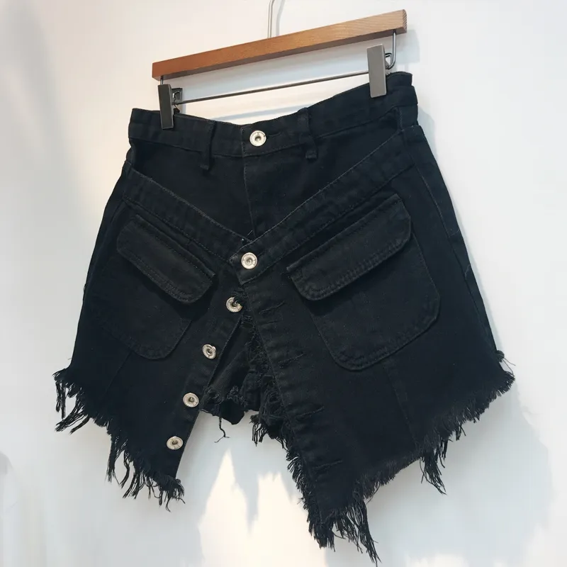 [Ewq] High-waisted raw-edge rippade jeans falska tvådelade byxor all-match blå denim bredben shorts paty jeans sommar ny 210423