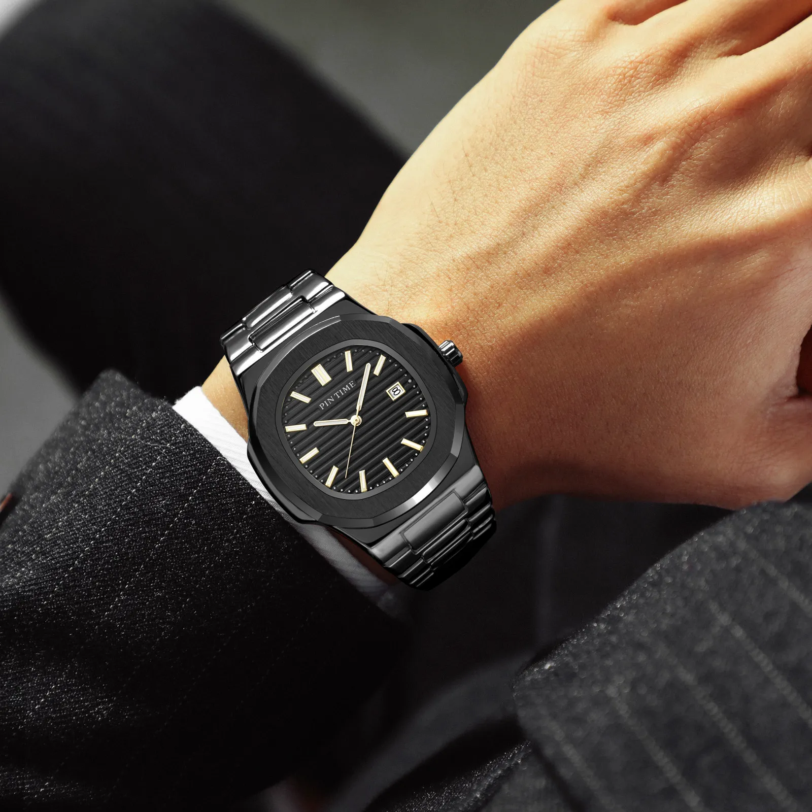 PINTIME Простые кварцевые мужские часы Лучший бренд класса люкс из нержавеющей стали Военные деловые часы Мужские золотые часы с датой Zegarek Meski Reloj282P