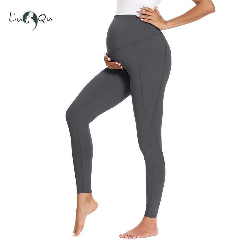 Ciąża Mama Odzież damska Orzech Maternity Spodnie do jogi z kieszeniami Wysokie treningowe Legginsy 210918