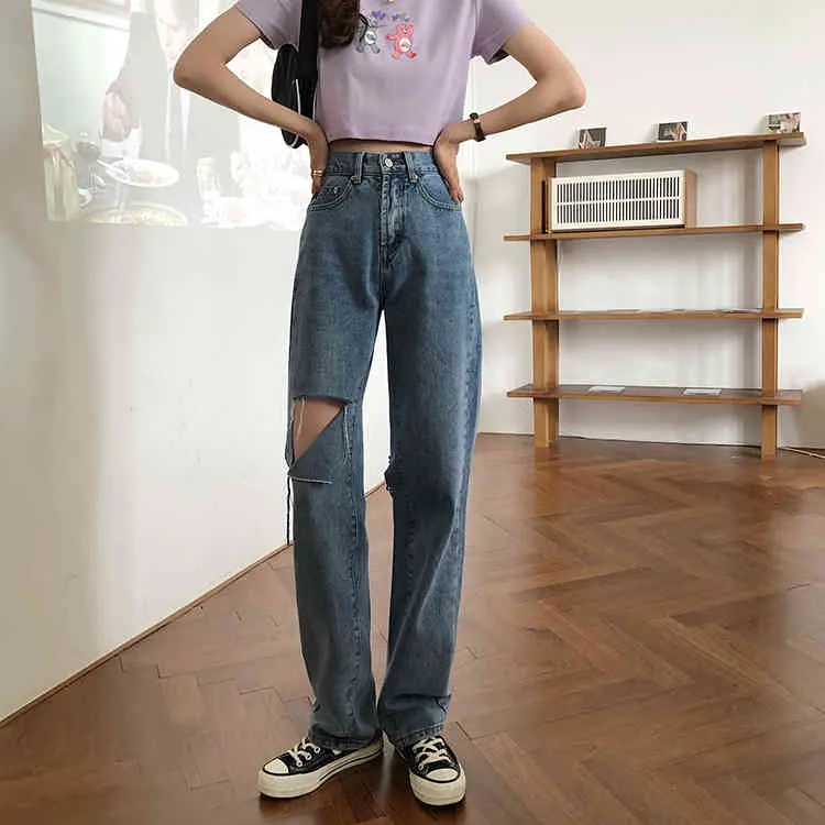 i S-XL estate stile coreano pantaloni larghi in denim da donna a vita alta jeans dritti con buco grande donna 78368 210423