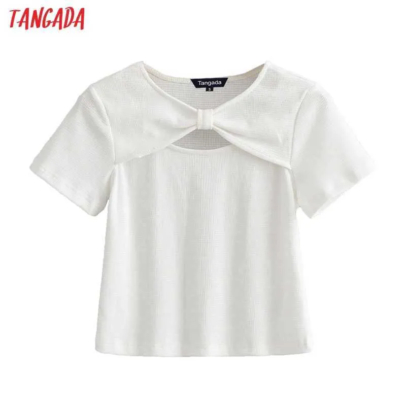 Tangada T-shirt da donna in cotone bianco con fiocco T-shirt manica corta o collo T-shirt da donna casual Street Wear Top AI84 210609