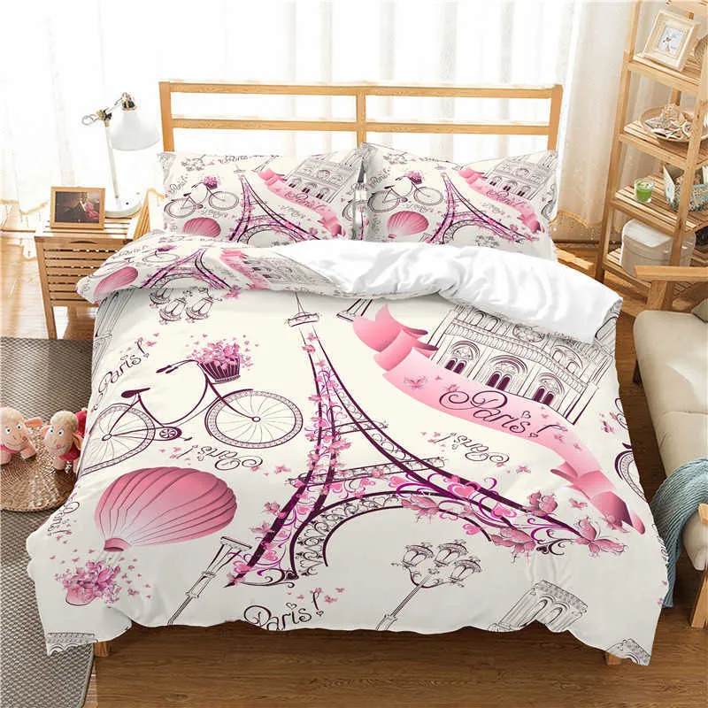 Hem Living Luxury 3D Romantiskt Paris Eiffeltornet Skriv ut 2/3 st Comfortable Duvet Cover Pillowcase Sängkläder EU / US / AU-storlek H0913