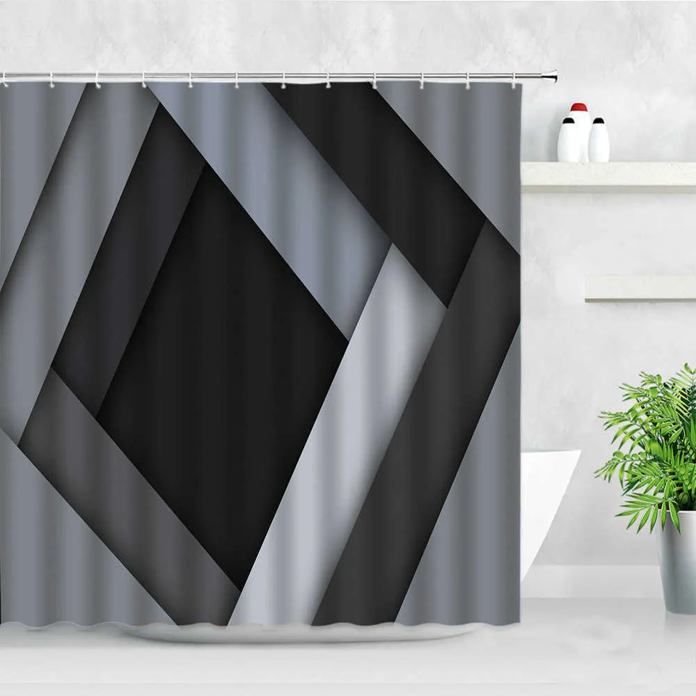 Modern Simple Waterproof Shower Curtains Gray Black Stripes Gradient Color Geometric Pattern Creative Bathroom Decor Curtain Set 210915