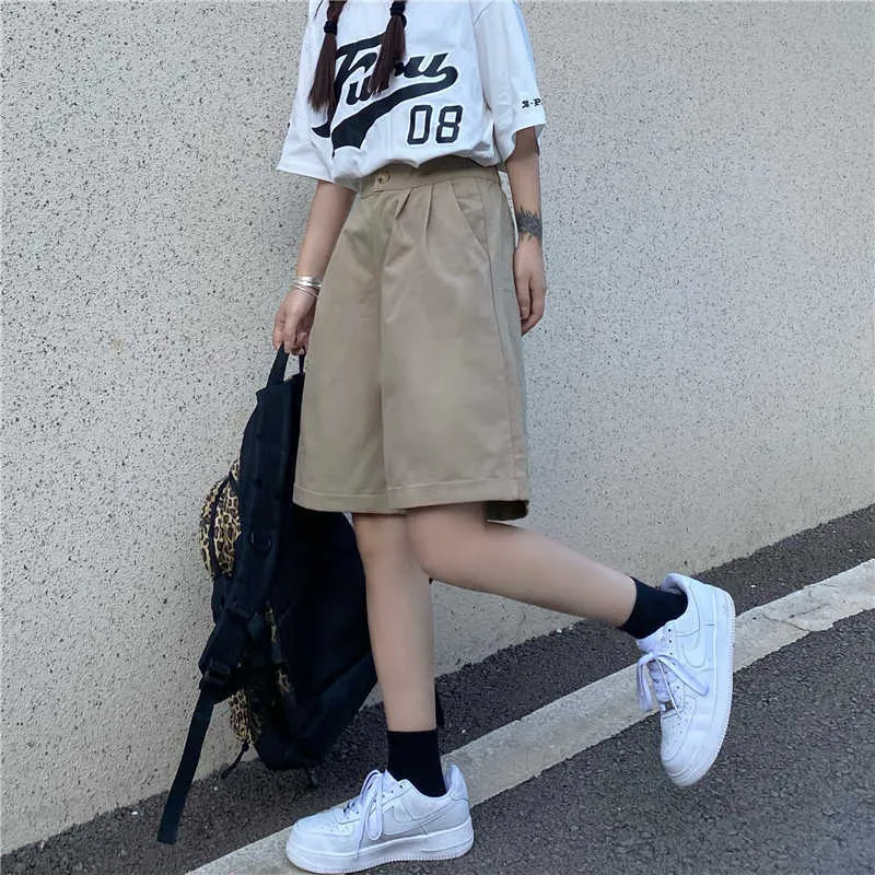 Japanse Stijl Cargo Broek Zomer Nieuwe Knop Fly Losse Hoge Taille Rechte Wijde Benen All-Match Casual Rechte vijfpunts Broek Q0801