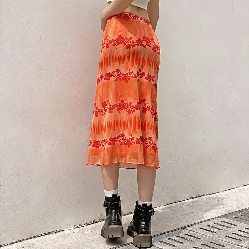 Orange blommig slipsfärg tryck Y2K lång kjolar Kvinnor 2021 90s estetiska Söt Kawaii Mesh Mid-Calf Beachwear Kjolar för Teen Girls X0428