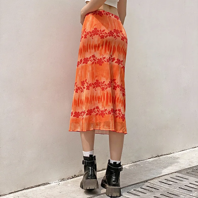 Tintura floreale arancione Dye Print Y2K Gonne lunghe Donne 2021 anni '90 Aesthetic Carino Kawaii Mesh Mid-Calf Beachwear Gonne ragazze adolescenti x0428