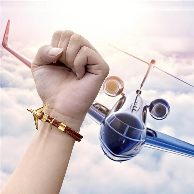 Mode guld rostfritt stål ankare flygplan armband med vintage äkta läder armband män kvinnor homme smycken charm218f