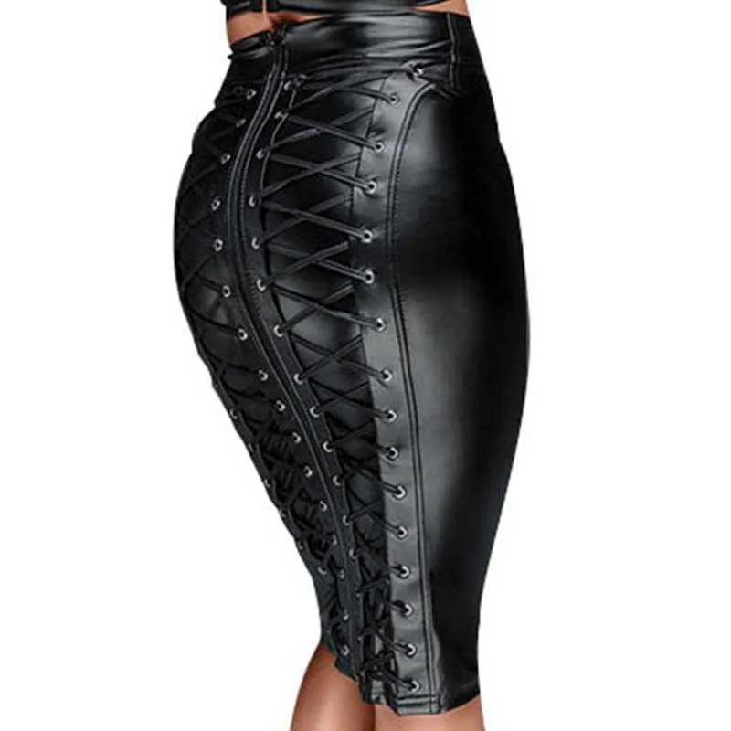 Gotiska faux läder kjolar sexig punk svart tillbaka dragkedja spets upp wrap penna kjol våt look bodycon midi womens 210621