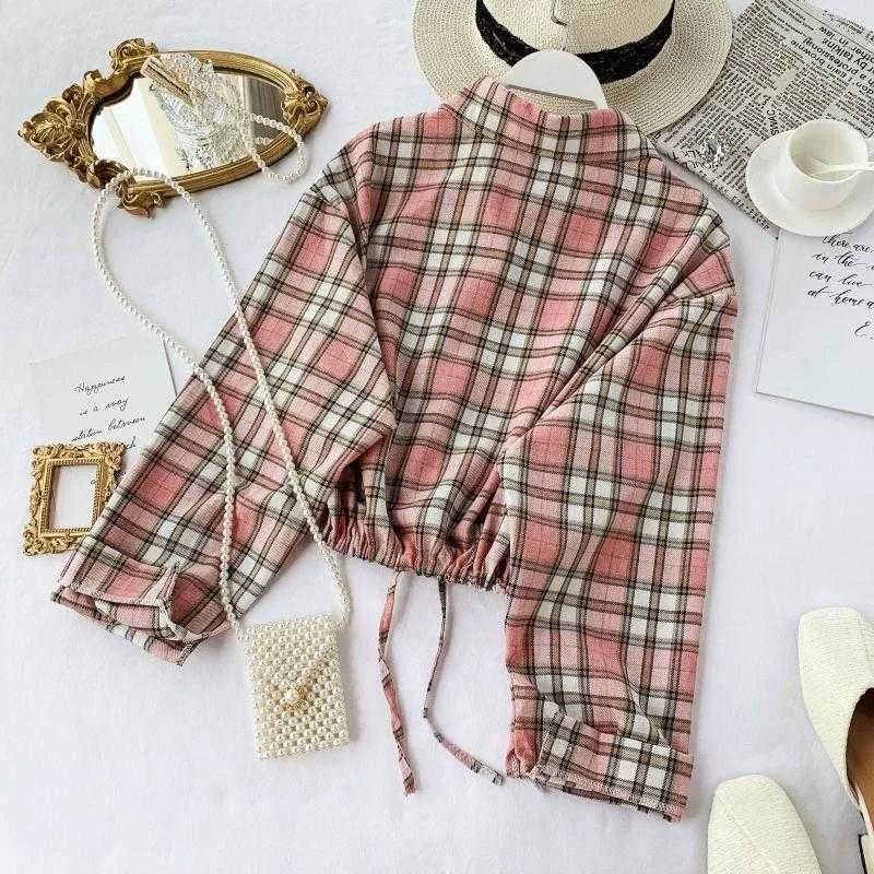 Frauen Herbst Koreanische Lose Dünne Kurze Crop Tops Hohe Taille Student Plaid Bluse Shirts J097 210527