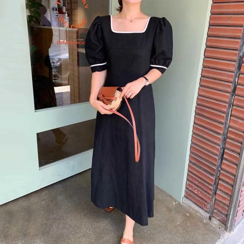 Korejpaa Women Dress Summer Korean Chic Retro Hepburn Style Square Collar Front Back Two-Wear Design Puff Seeve Vestidos 210526