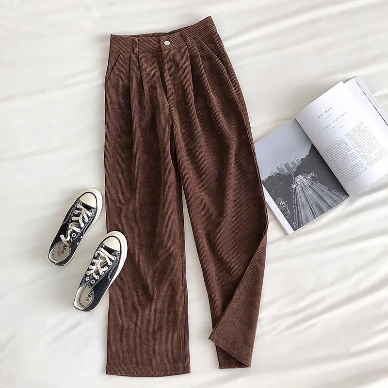 Höst Lazy Vintage Corduroy Casual Pants Kvinnors Vinter Koreanska Loose Drape Slim High Waist Wide Leg för Kvinnor 210420