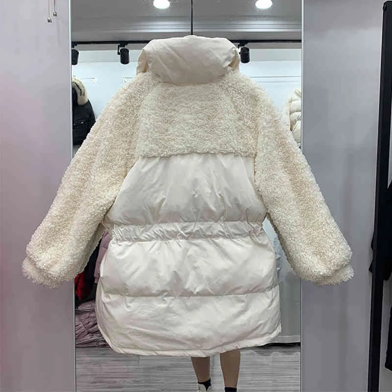Winter Loose Down Jackets Women Warm Patchwork Lambswool White Duck Parka Streetwear Thickness Sash Tie Up Outwear 210423