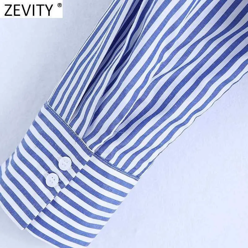 Zevity Mujeres Vintage Turn Down Collar Estampado de rayas Blusa corta Blusa Office Lady Camisas de manga larga Chic Loose Tops LS9005 210603