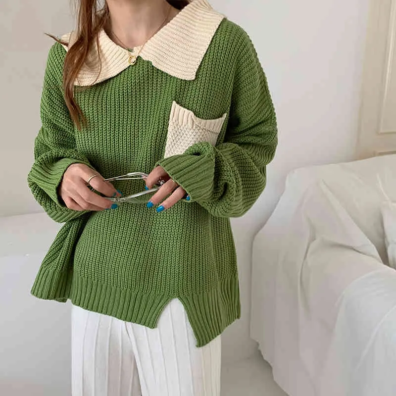 Ezgaga Peter Pan Collar Patchwork Sweater Pullover Dames Contrast Zakken Zoete Meisje Losse Uitloper Dames Tops Koreaanse Jumper 210430