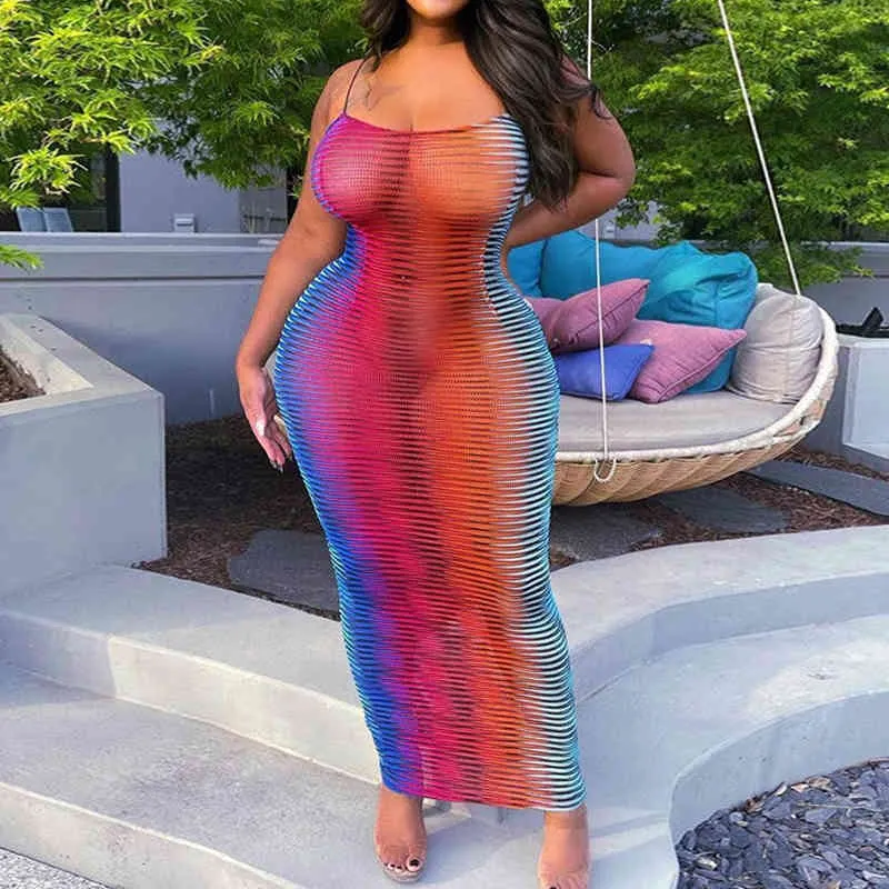 Şık Yaz Tam Örgü Kolsuz Izgara Uzun Elbise Kadınlar Seksi Robe Tunik Plaj Bodycon Elbiseler 210521 See Through