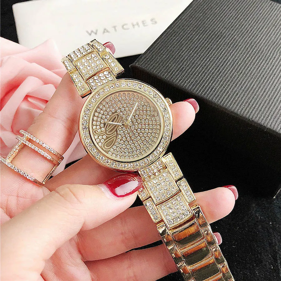 Brand Watches Women Lady Girl Diamond Crystal Big Letters Style Metal Steel Band Quartz Wrist Watch GS 419704519