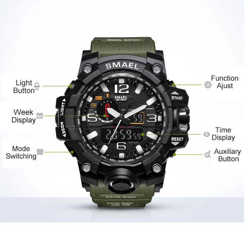 Smael Brand Luxury Military Sports Watches Men Quartz 아날로그 LED 디지털 시계 남자 방수 시계 듀얼 디스플레이 손목 시계 x062276y