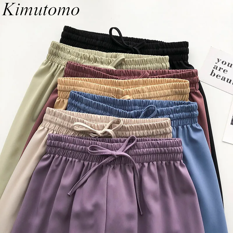 Кимутомо сплошные цветные повседневные брюки весенние летние пояс из корейской высокой эластичной талии кружев на расстоянии, свободные широкогазовые штаны мода 210521