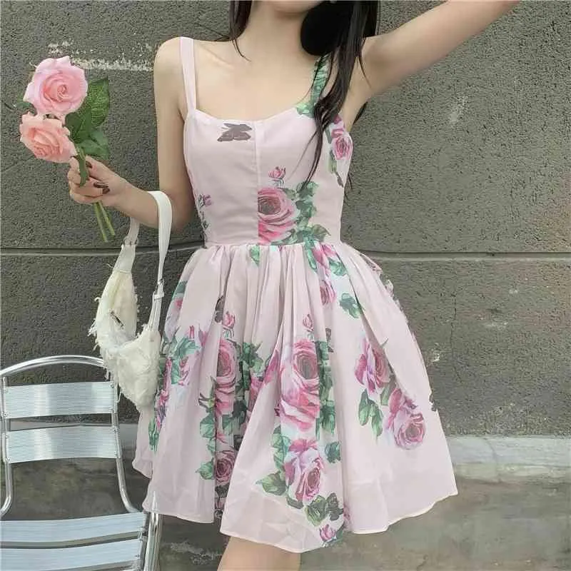 Ezgaga Floral Printed Mini Dress Kobiety Koreański Moda Szyfon Vintage Spaghetti Pasek Lato Nowa Chic Bez Rękawów Seksowna Dress 210430