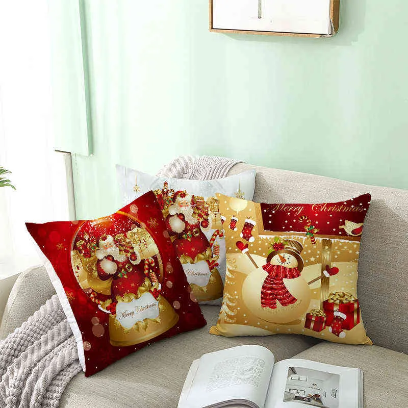 Peach Skin Christmas PillowCase Snowman Elk Santa Claus Cushion Cover Christmas Decorations for Home Xmas Year Navidad 211104