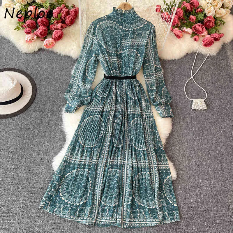 Neploe nadruk w stylu vintage czeska sukienka na wakacje kobiety wysoka talia biodra szarfy linia długa Vestidos wiosenna szata z długim rękawem 210510