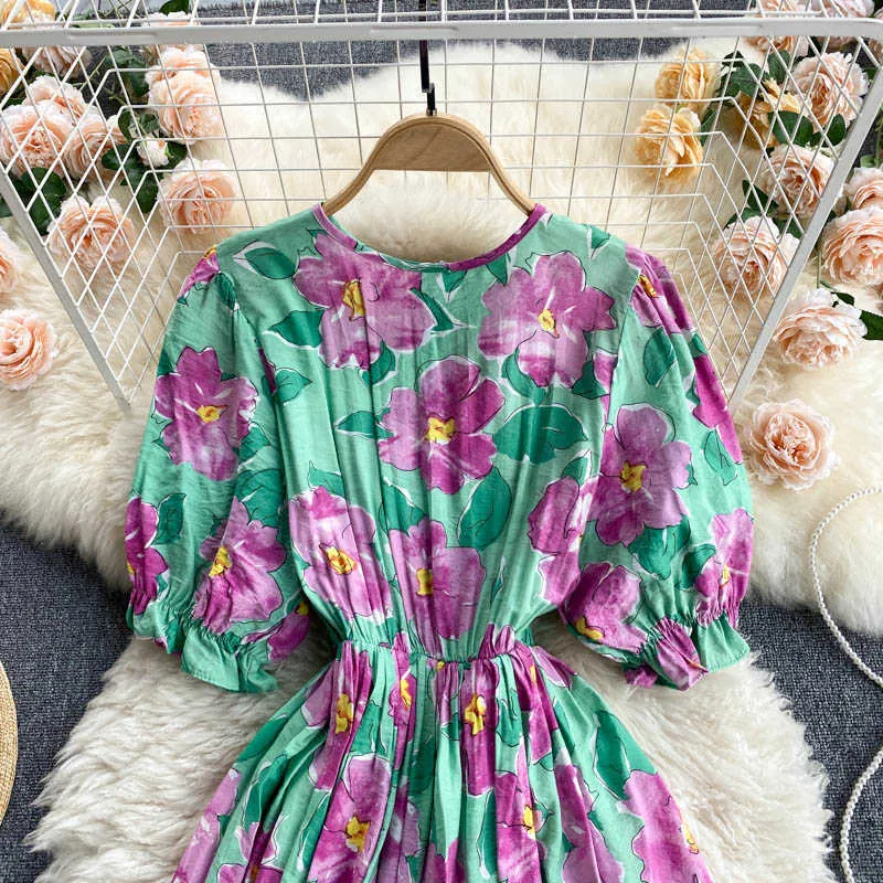 Kvinnor Svart / Blå / Grön Floral Tryckt Midi Klänning Bohemian Elegant Rund Neck Kort Puff Sleeve Vacation Beach Vestidos Sommar Y0603