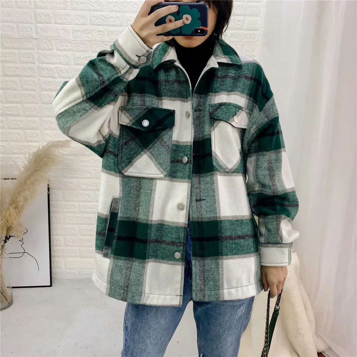 Winter Green Plaid Jacket Coat Kvinnor Streetwear Lång Leee Tjock Ull Coat Fashion Pocket Oversized Lapel Höstskjortor Coats 210422