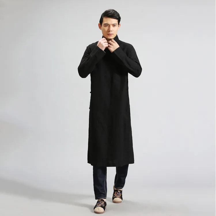 IEFB / Erkek Giyim Çin Tarzı Gevşek Rahat Pamuk Keten Siyah Siper Uzun Ceket erkek Çapraz Hırka Giysileri Erkek 9Y1231 210524