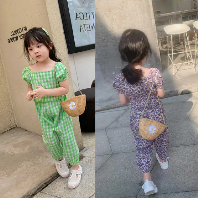 Girls Suit Plaid Floral U-Neck Blouse +Trousers Summer Fashion Baby Kids Cute Children'S Clothing 210625