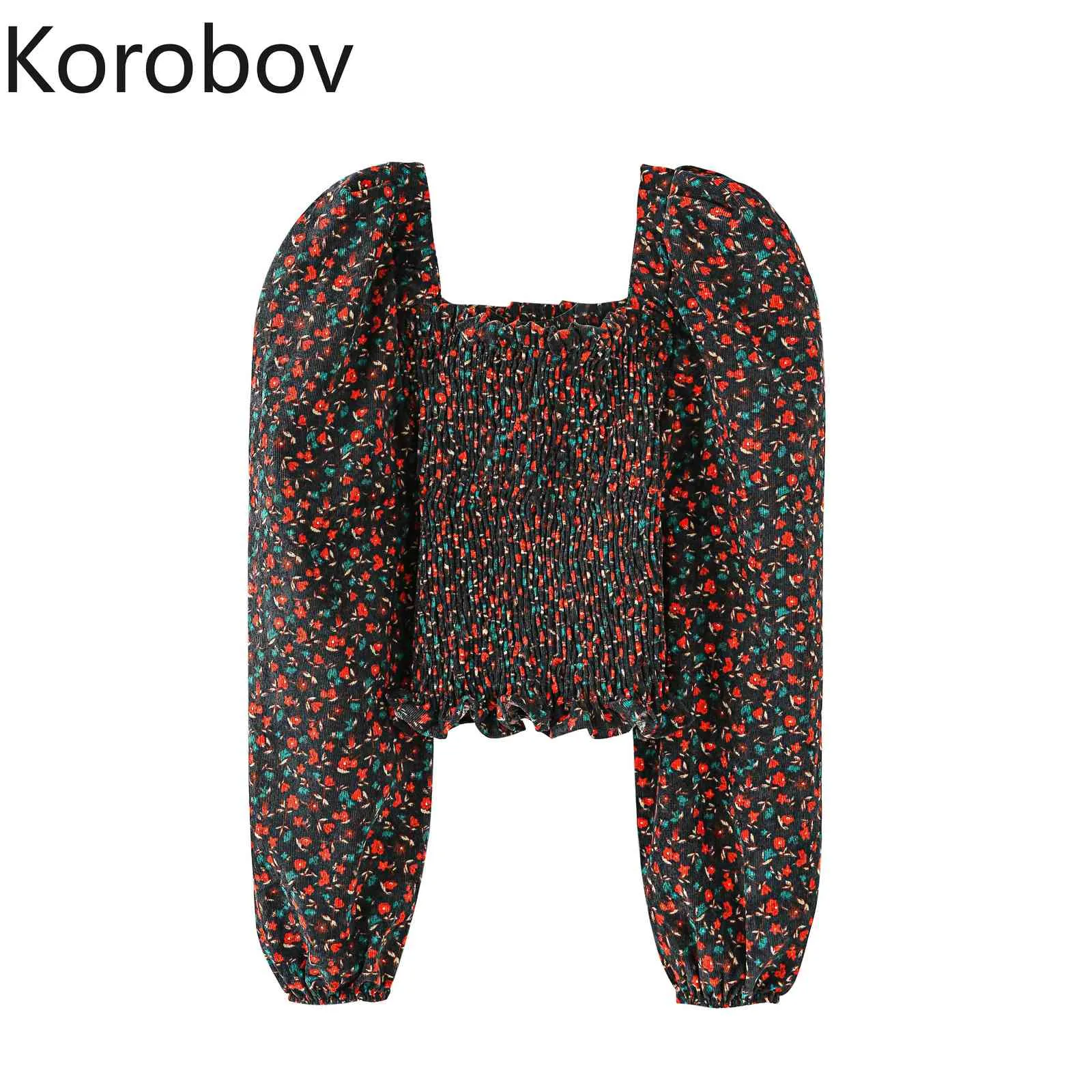 Korobov Kadınlar Kare Yaka Bluzlar İlkbahar Yaz Yeni Varış Kadın Gömlek Kore Tatlı Chic Uzun Kollu Baskı Blusas Mujer 210430