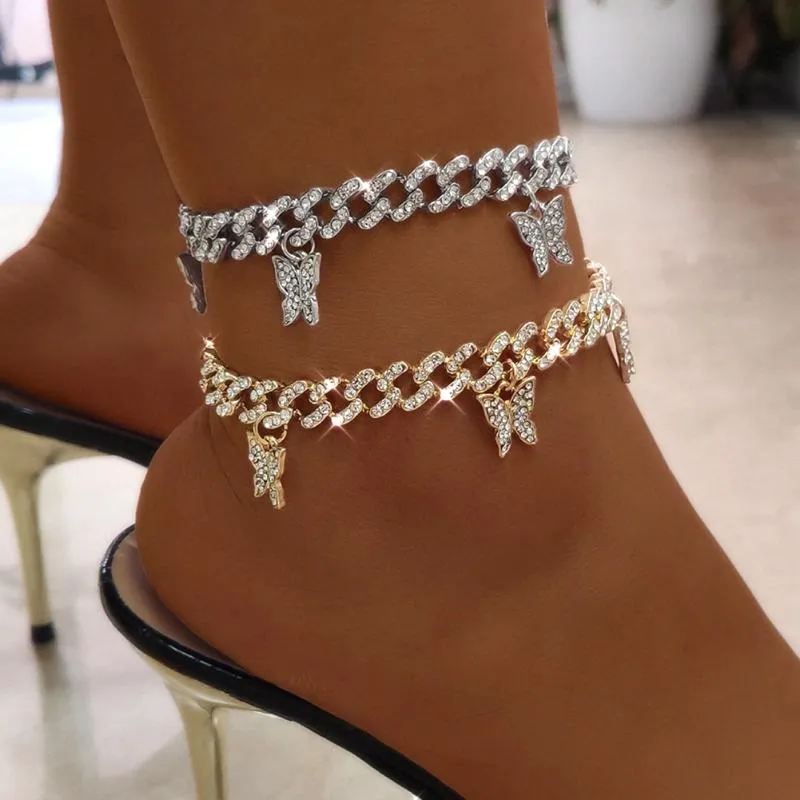 Bracelets de cheville strass papillon chaîne à maillons cubains pour femmes Bling or argent couleur épais métal pied bracelet punk rock jambe bijoux262s