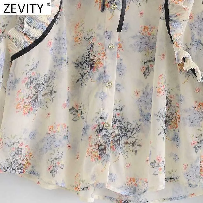 Zevity Women Sweet Floral Print Press Pleat Ruffles Black Lace Up Shirt Lady Long Sleeve Chiffon Blouse Roupas Chic Tops LS9044 210603