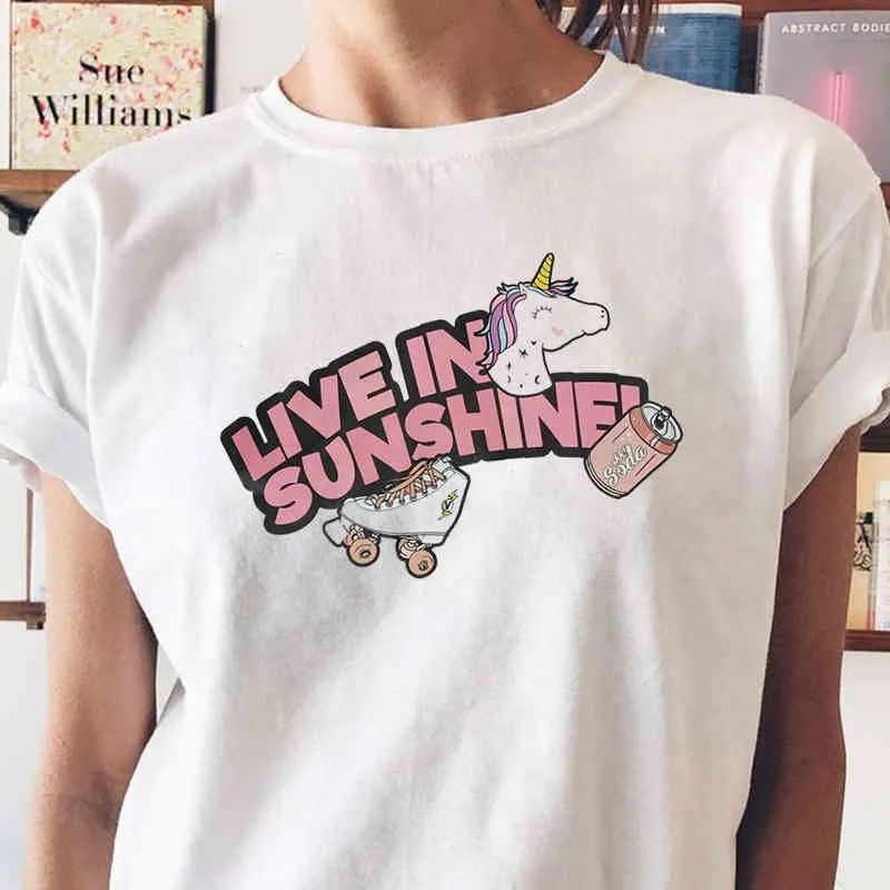 Unicorn Live In The Sunshine Grafische Tee Casual Grappige Harajuku Hipster Cartoon Dameskleding O Hals Wit T-shirt 210518