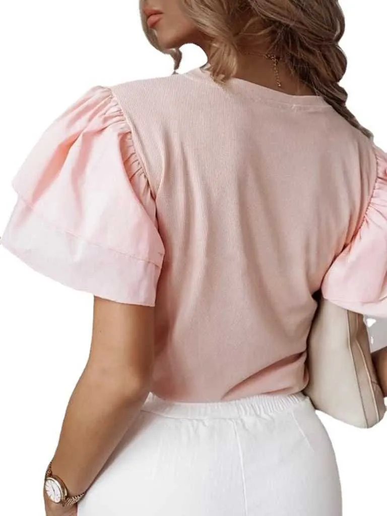 女性のためのカジュアルな固形のフリル半袖Tシャツのトップス夏のファッションのゆるいスプライシングホワイトカーキオネック女性Tシャツ210526