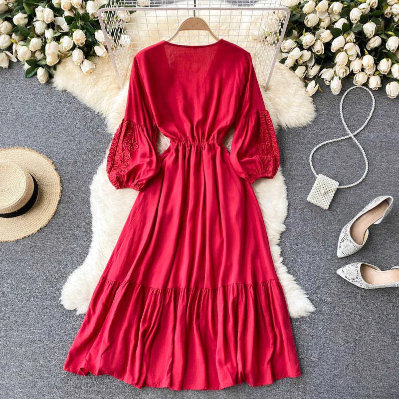 Rot/Weiß Gesticktes Kleid Frauen Frühling Herbst Elegante V-ausschnitt Einreiher Hohe Taille Schlank Puff Langarm Vestido 2021 neue Y0603