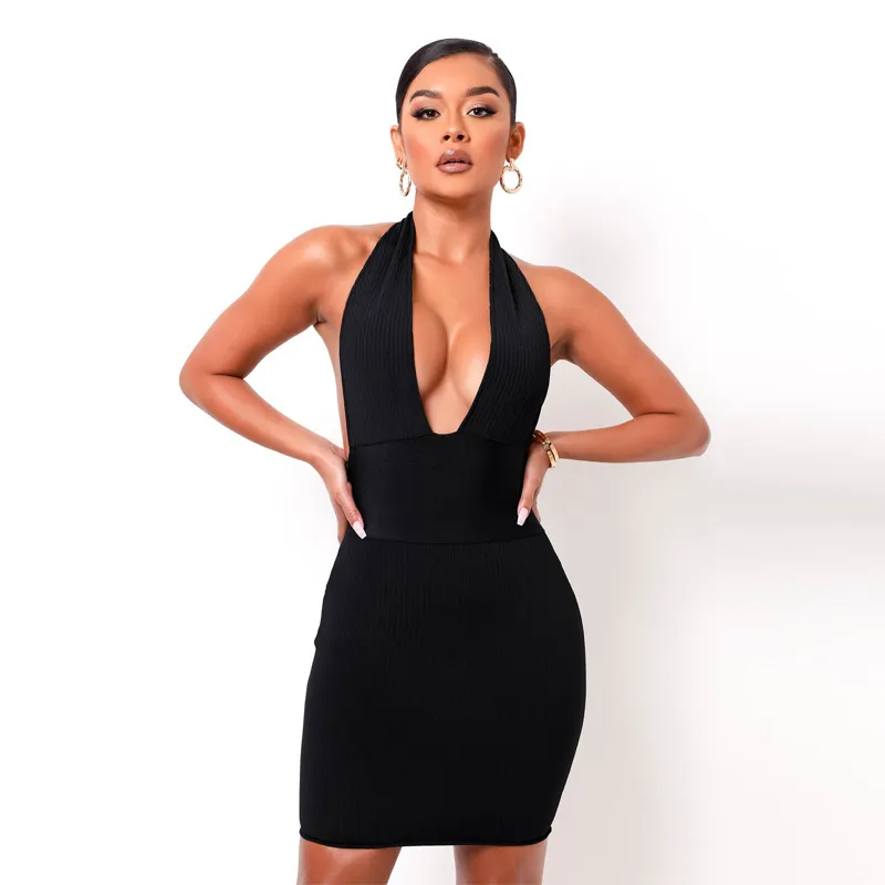 Donne Halter Solid profondo scollo a V a costine Backless Patchwork Midi Dress Summer Sexy senza maniche Club Party Package Fianchi Bodycon 210522