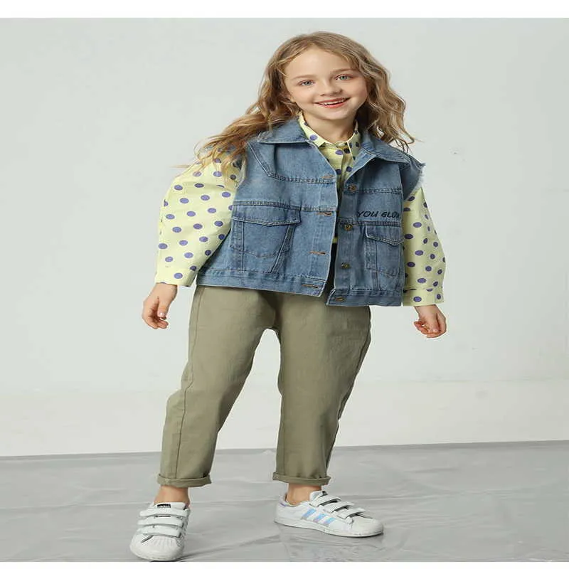 Lente tieners meisjes jongens denim vest vest dunne effen kleur opensteek mode jas kinderkleding E1367 210610