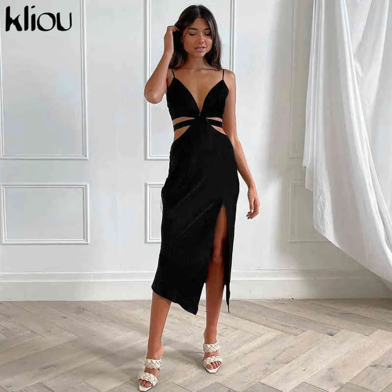 Kliou Sexy Midnight Maxi Dress Women Undefined Irregular Side Shape Hollow Out Camisole Jurk Hipster Sleeveless Female Clubwear Y1204