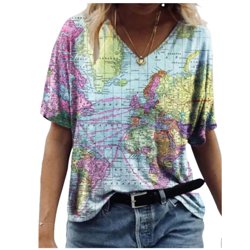 Негабаритные летние дамы Tops Свободные плюс Размер Повседневная футболка Женщины с коротким рукавом V-образным вырезом 3D Карта Печать Топ 2022 Новая Мода Tee