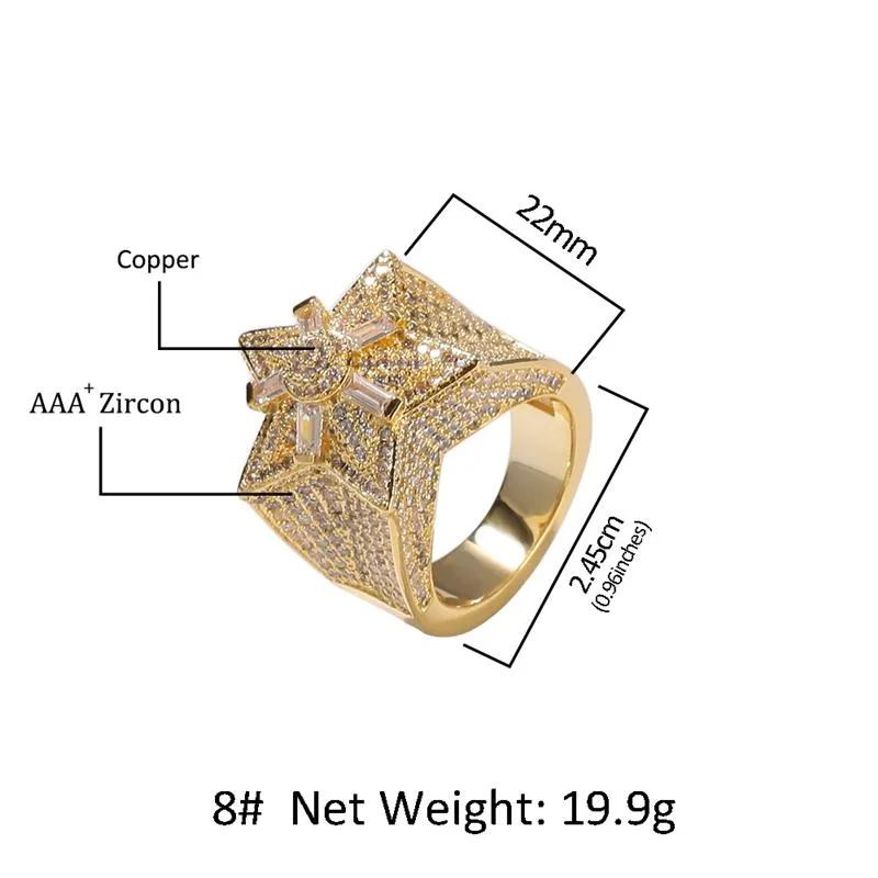 Mode Hip Hop Heren Bling Ring Trendy Geel Wit Vergulde Bling CZ Diamond Star Ringen voor Mannen Vrouwen Leuk gift287t