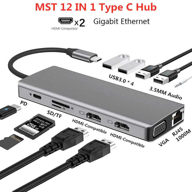 유형 C 도킹 스테이션 MST 멀티 허브 듀얼 RJ45 VGA USB3.0 MacBook Pro / Air Thunderbolt 3 Dock 용 VGA USB3.0 오디오 어댑터